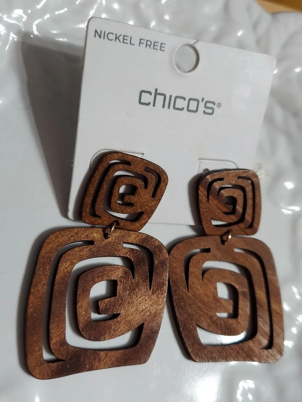 Chico's Elegant Brown Wood Geo Freeform Drop Earrings